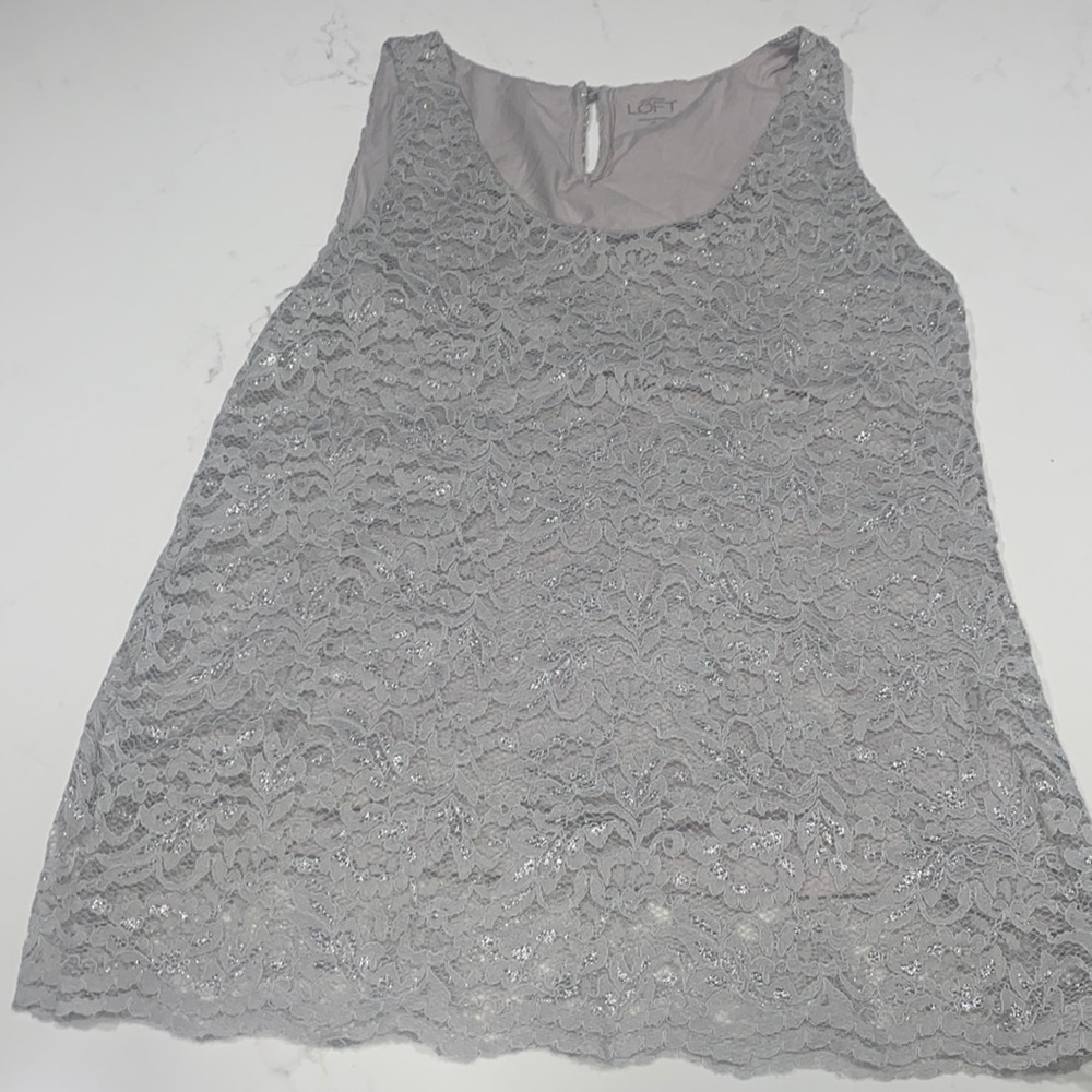 Ann Taylor Loft Tank Top light silver grey lined floral lace Silver sparkle XS